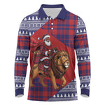 Kenya Christmas Santa Lion Long Sleeve Polo Shirt Maasai Shuka Inspired Red Check