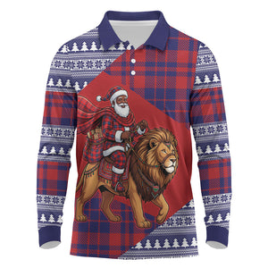 Kenya Christmas Santa Lion Long Sleeve Polo Shirt Maasai Shuka Inspired Red Check
