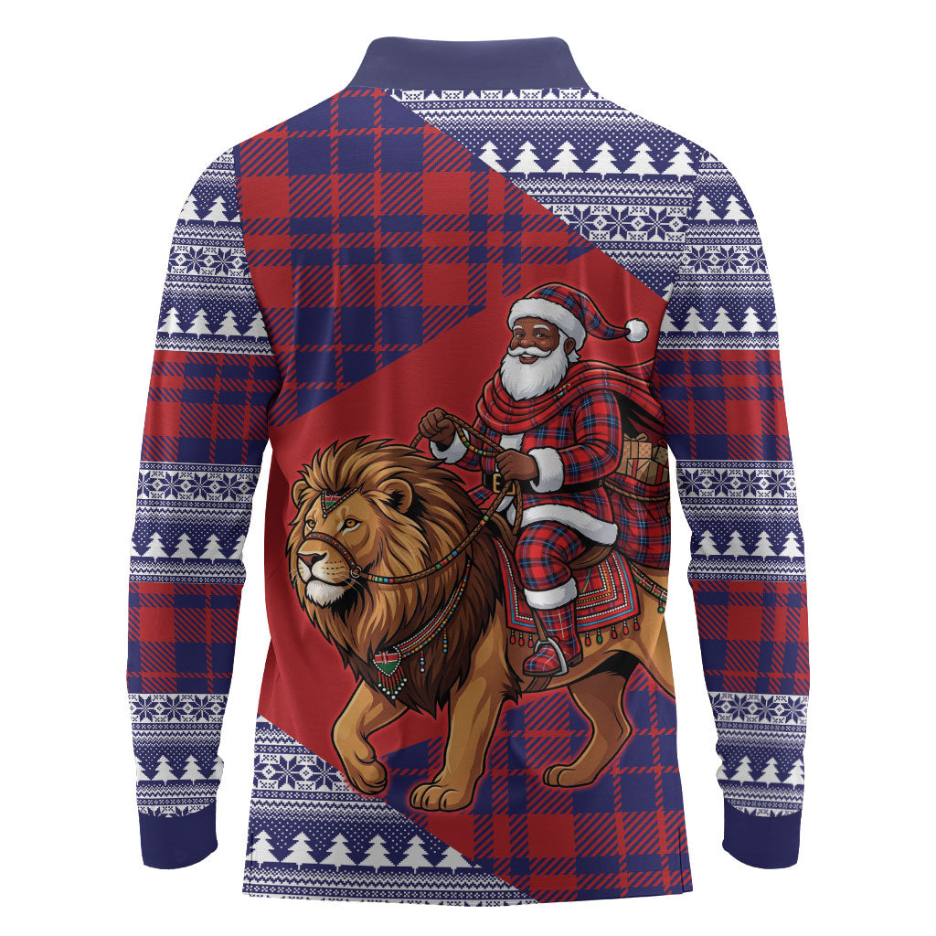 Kenya Christmas Santa Lion Long Sleeve Polo Shirt Maasai Shuka Inspired Red Check