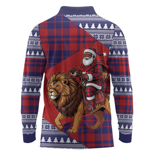 Kenya Christmas Santa Lion Long Sleeve Polo Shirt Maasai Shuka Inspired Red Check