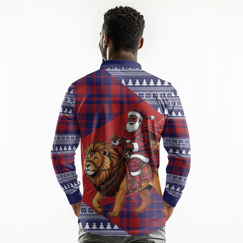 Kenya Christmas Santa Lion Long Sleeve Polo Shirt Maasai Shuka Inspired Red Check