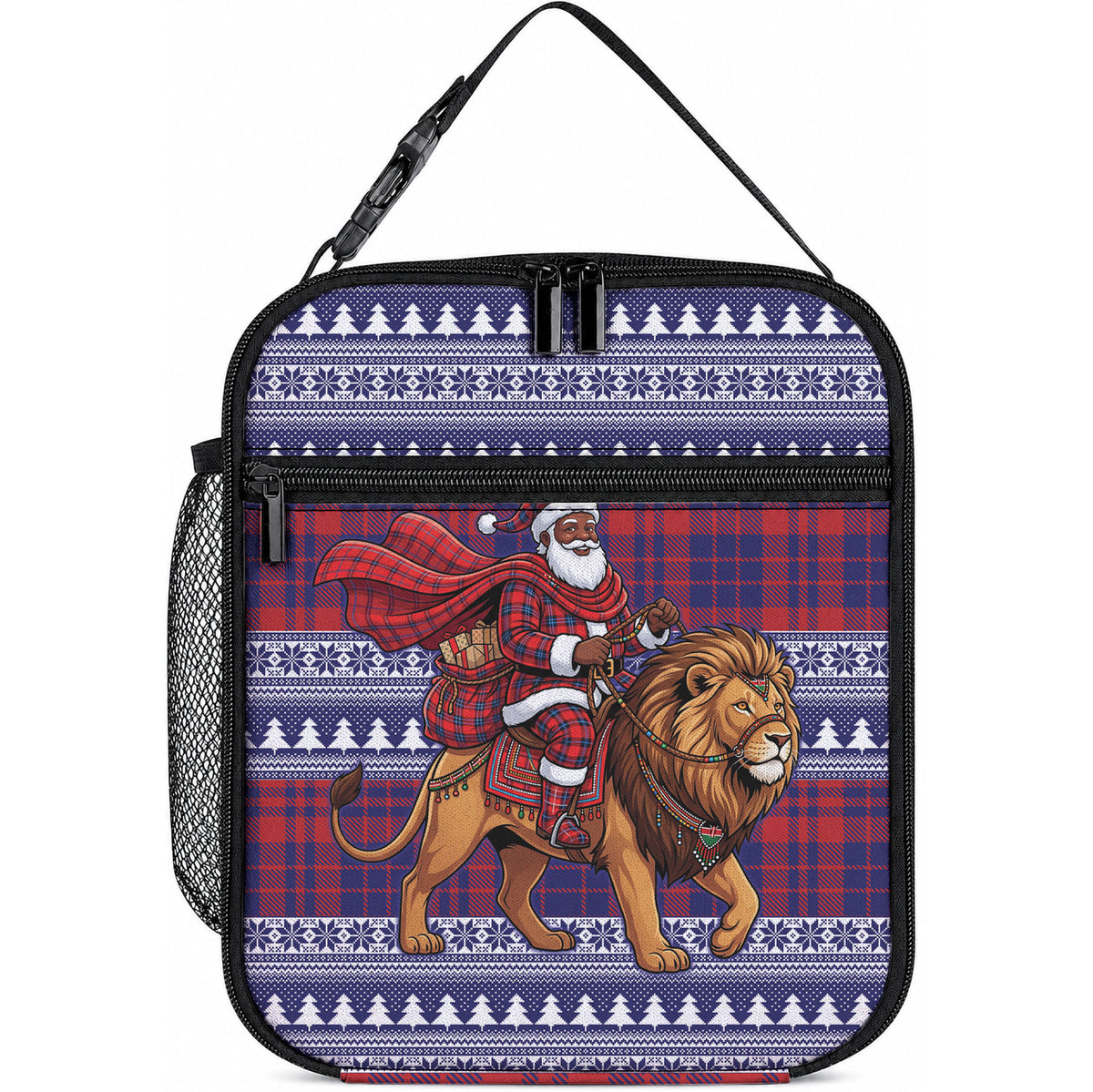 Kenya Christmas Santa Lion Lunch Bag Maasai Shuka Inspired Red Check