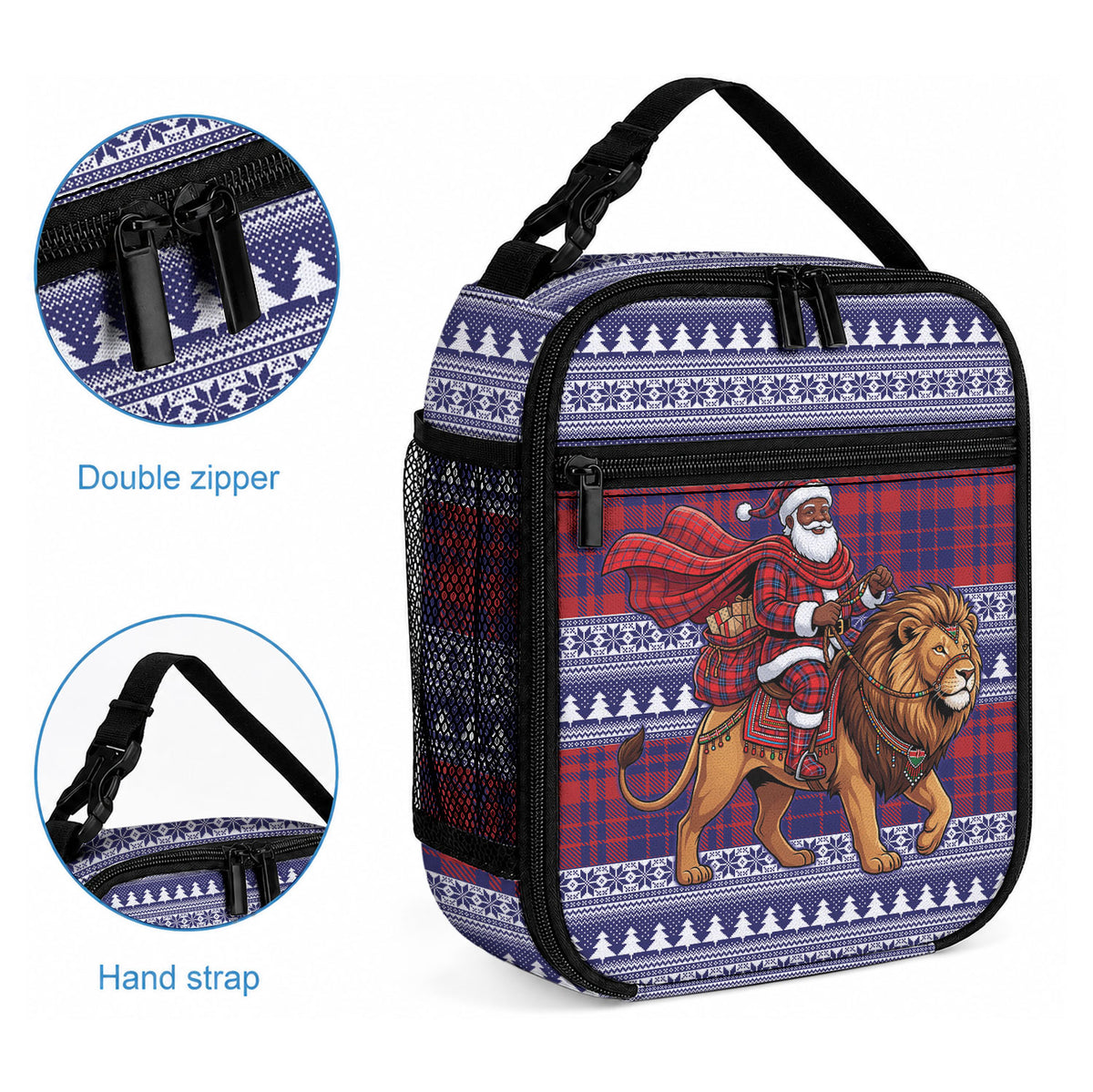 Kenya Christmas Santa Lion Lunch Bag Maasai Shuka Inspired Red Check
