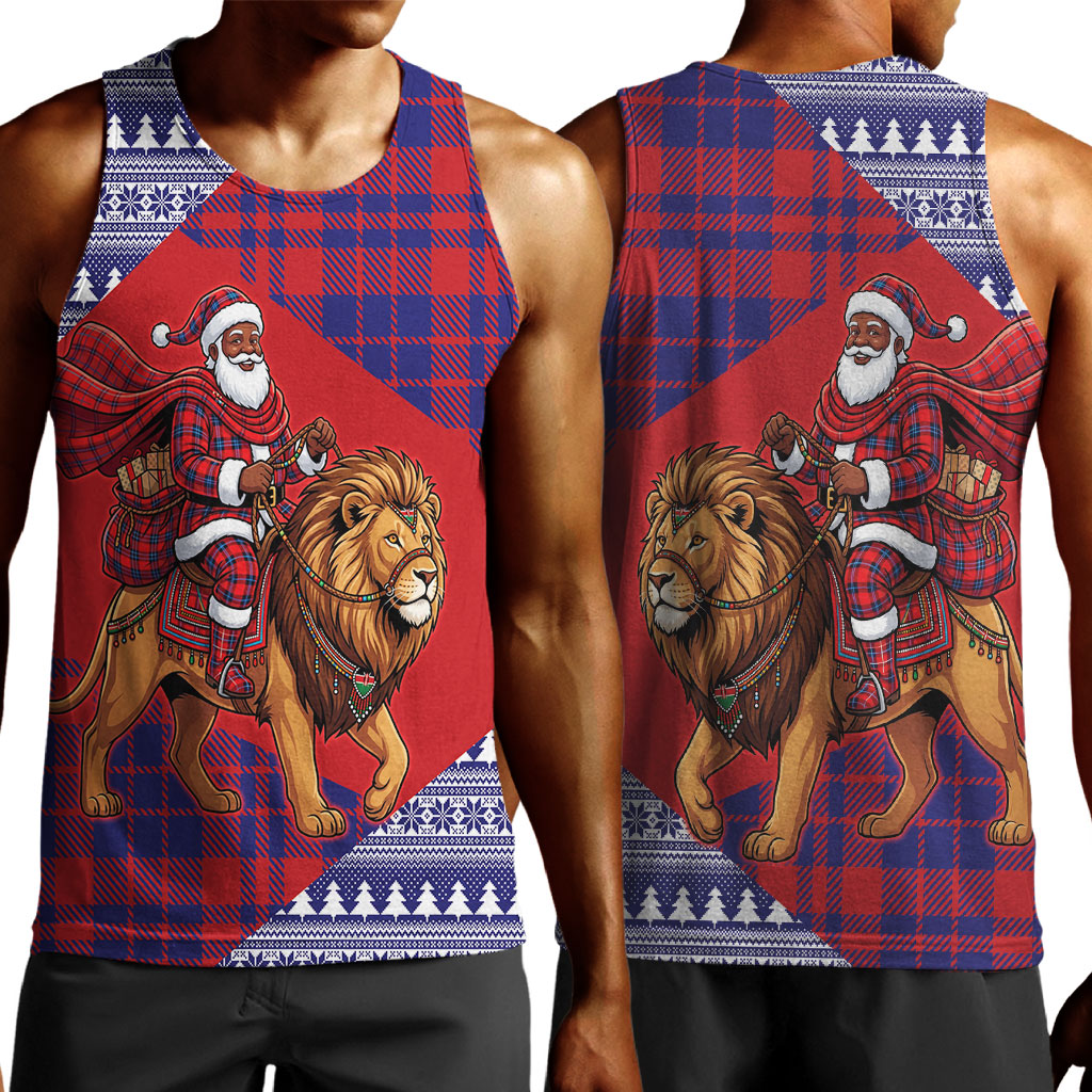 Kenya Christmas Santa Lion Men Tank Top Maasai Shuka Inspired Red Check