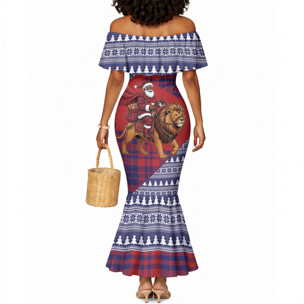 Kenya Christmas Santa Lion Mermaid Dress Maasai Shuka Inspired Red Check