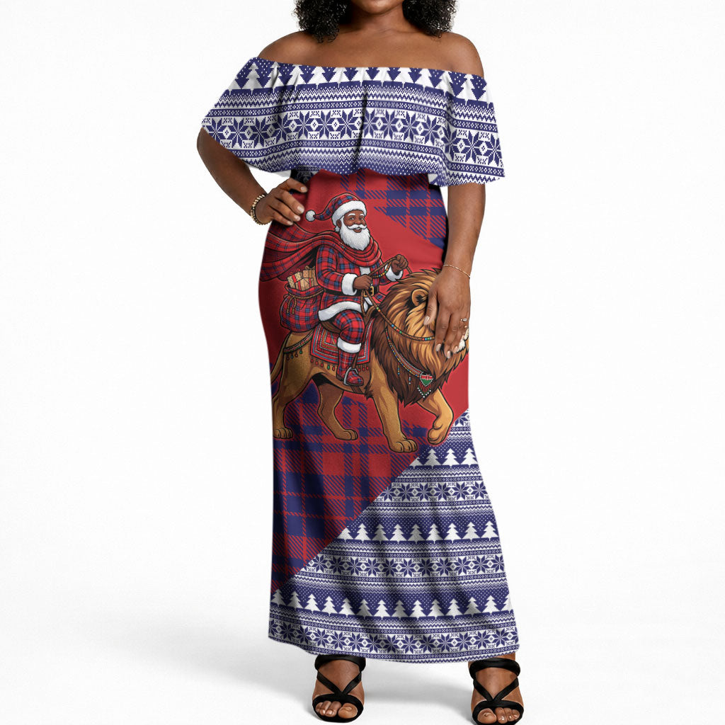 Kenya Christmas Santa Lion Off Shoulder Maxi Dress Maasai Shuka Inspired Red Check