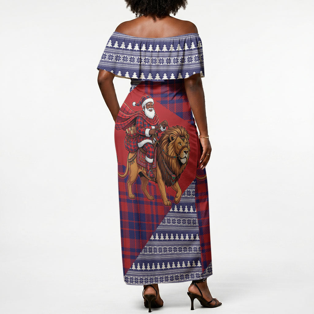 Kenya Christmas Santa Lion Off Shoulder Maxi Dress Maasai Shuka Inspired Red Check