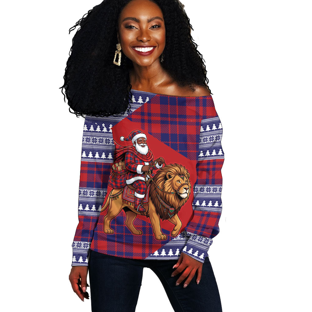 Kenya Christmas Santa Lion Off Shoulder Sweater Maasai Shuka Inspired Red Check