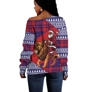 Kenya Christmas Santa Lion Off Shoulder Sweater Maasai Shuka Inspired Red Check
