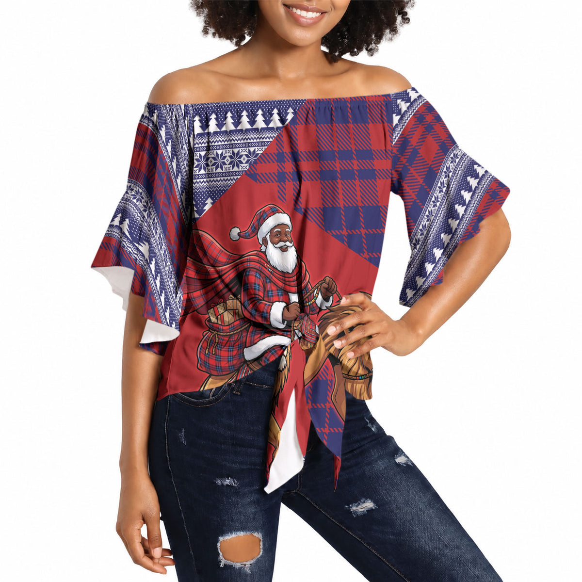 Kenya Christmas Santa Lion Off Shoulder Wrap Waist Top Maasai Shuka Inspired Red Check
