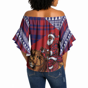 Kenya Christmas Santa Lion Off Shoulder Wrap Waist Top Maasai Shuka Inspired Red Check