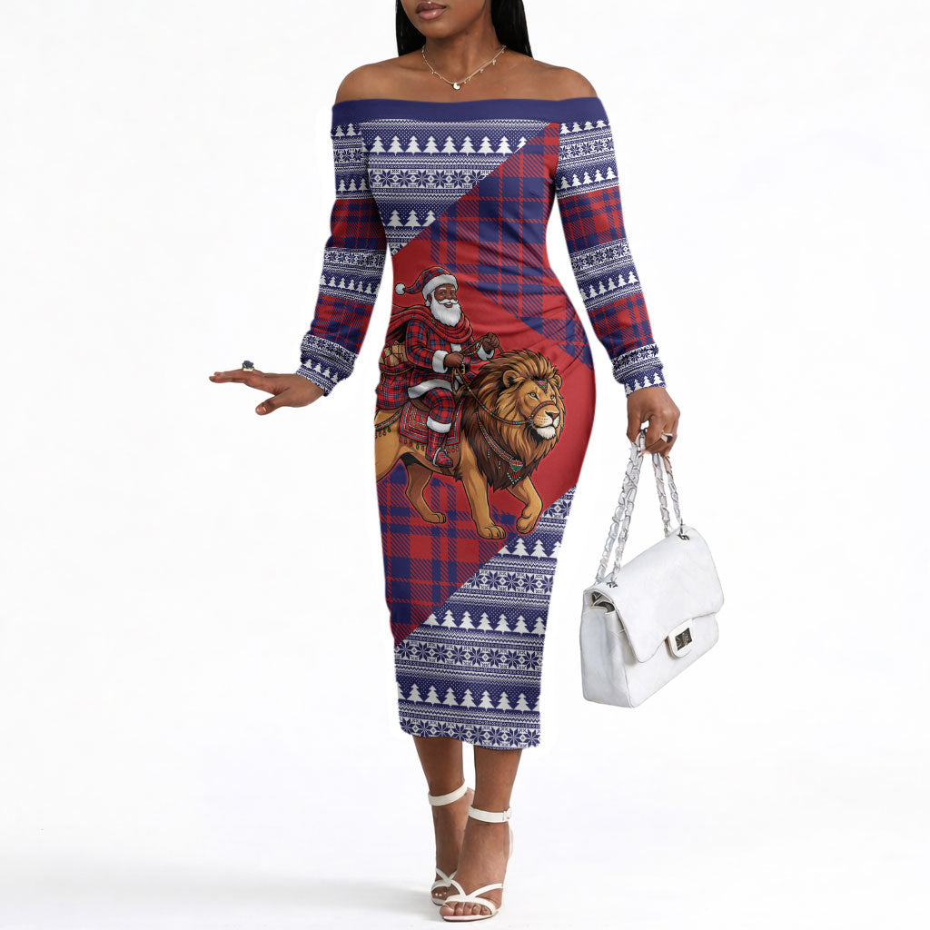 Kenya Christmas Santa Lion Off The Shoulder Long Sleeve Dress Maasai Shuka Inspired Red Check
