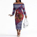 Kenya Christmas Santa Lion Off The Shoulder Long Sleeve Dress Maasai Shuka Inspired Red Check