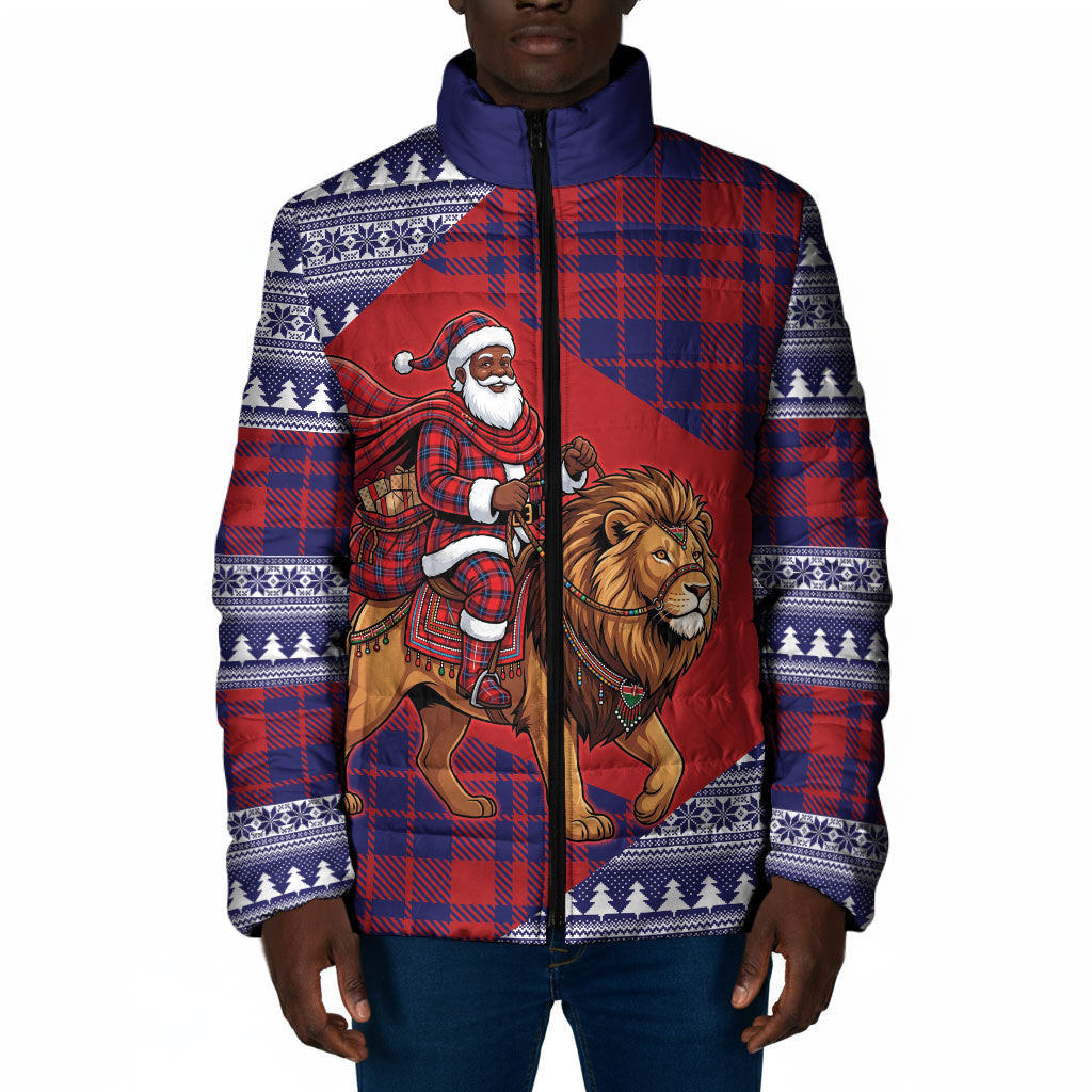 Kenya Christmas Santa Lion Padded Jacket Maasai Shuka Inspired Red Check