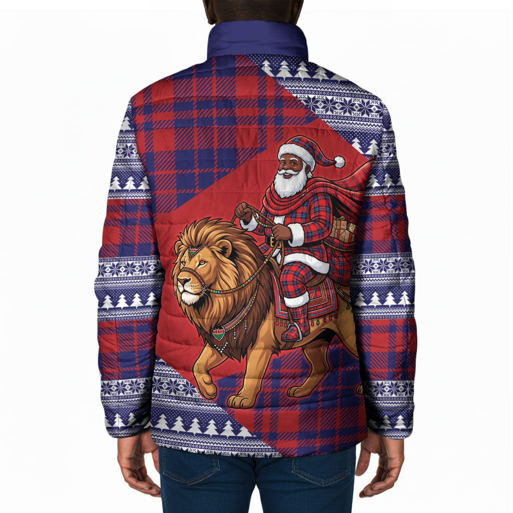 Kenya Christmas Santa Lion Padded Jacket Maasai Shuka Inspired Red Check