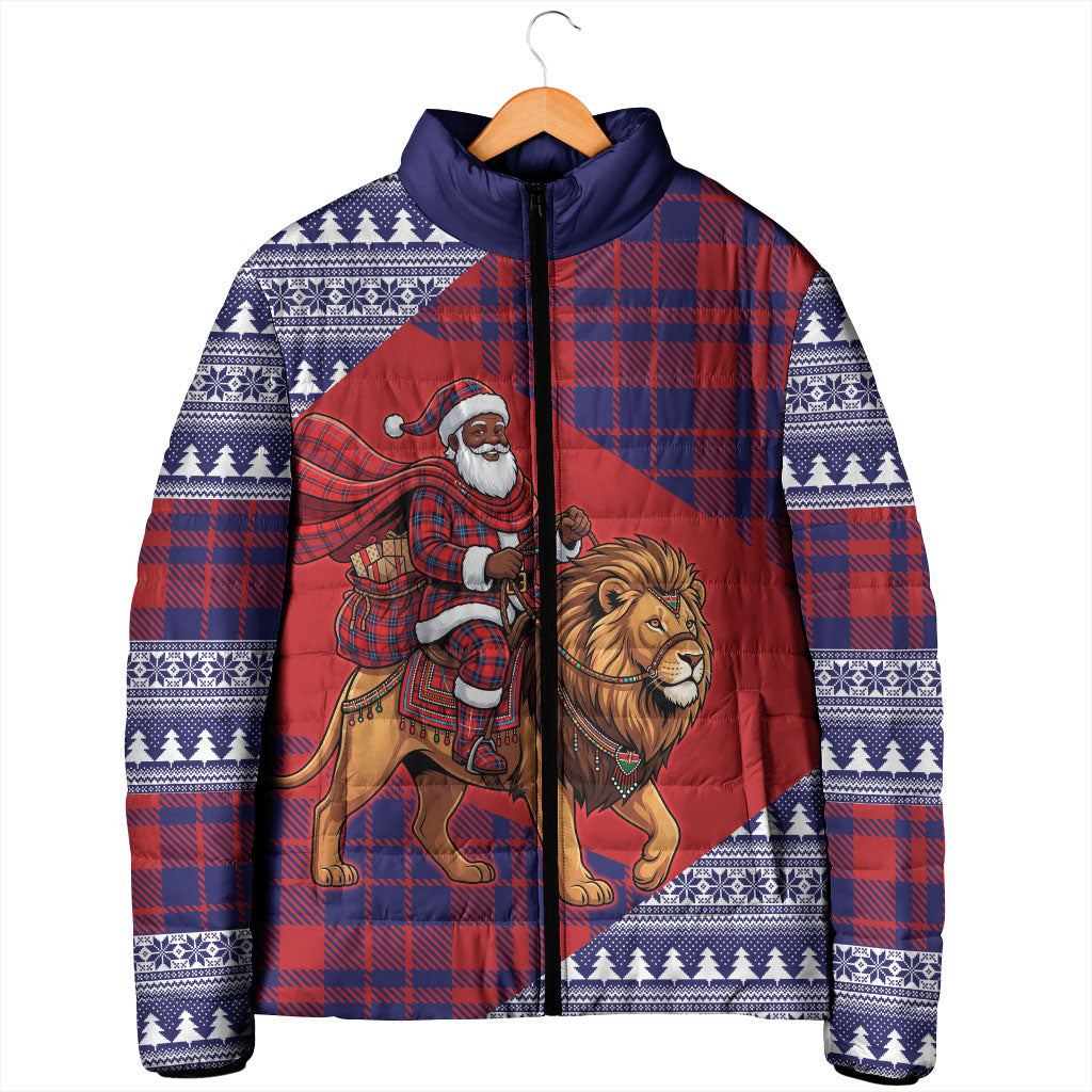 Kenya Christmas Santa Lion Padded Jacket Maasai Shuka Inspired Red Check