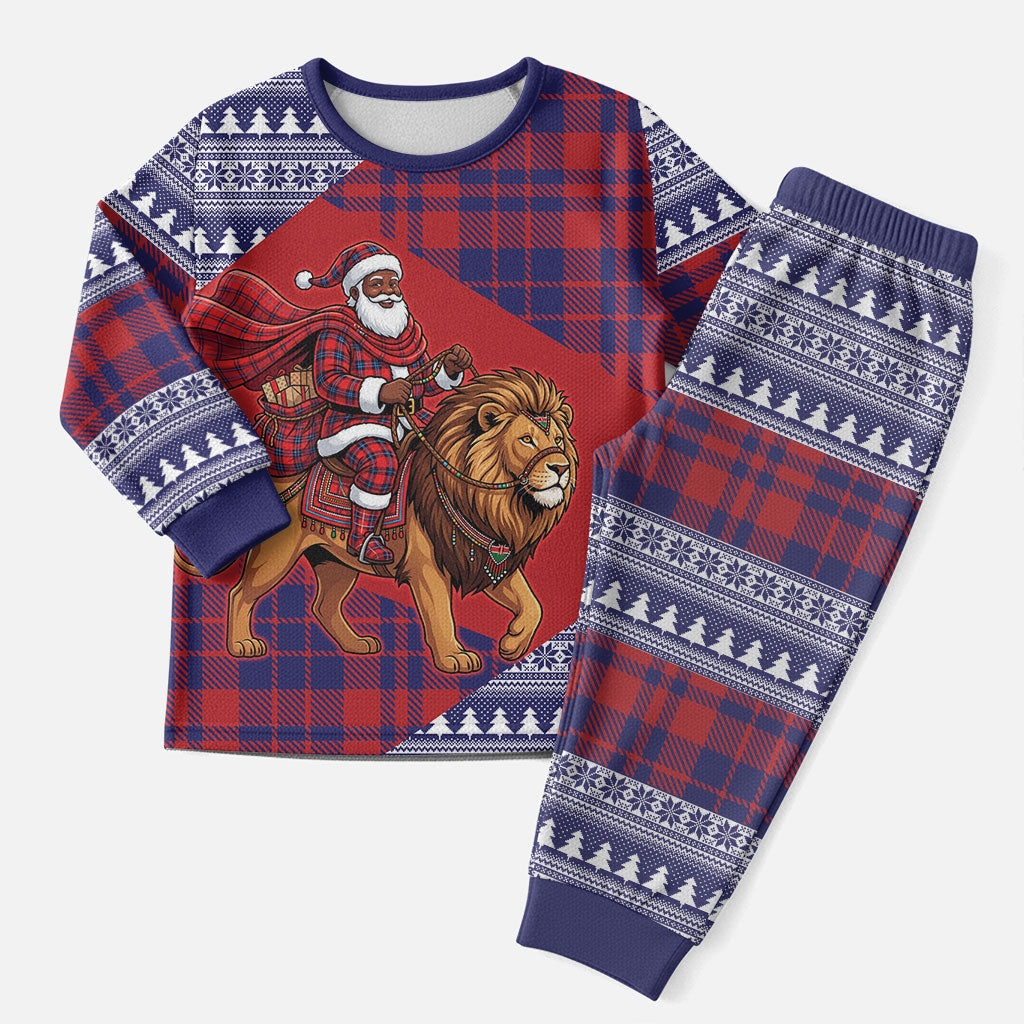 Kenya Christmas Santa Lion Christmas Pajama Set Maasai Shuka Inspired Red Check