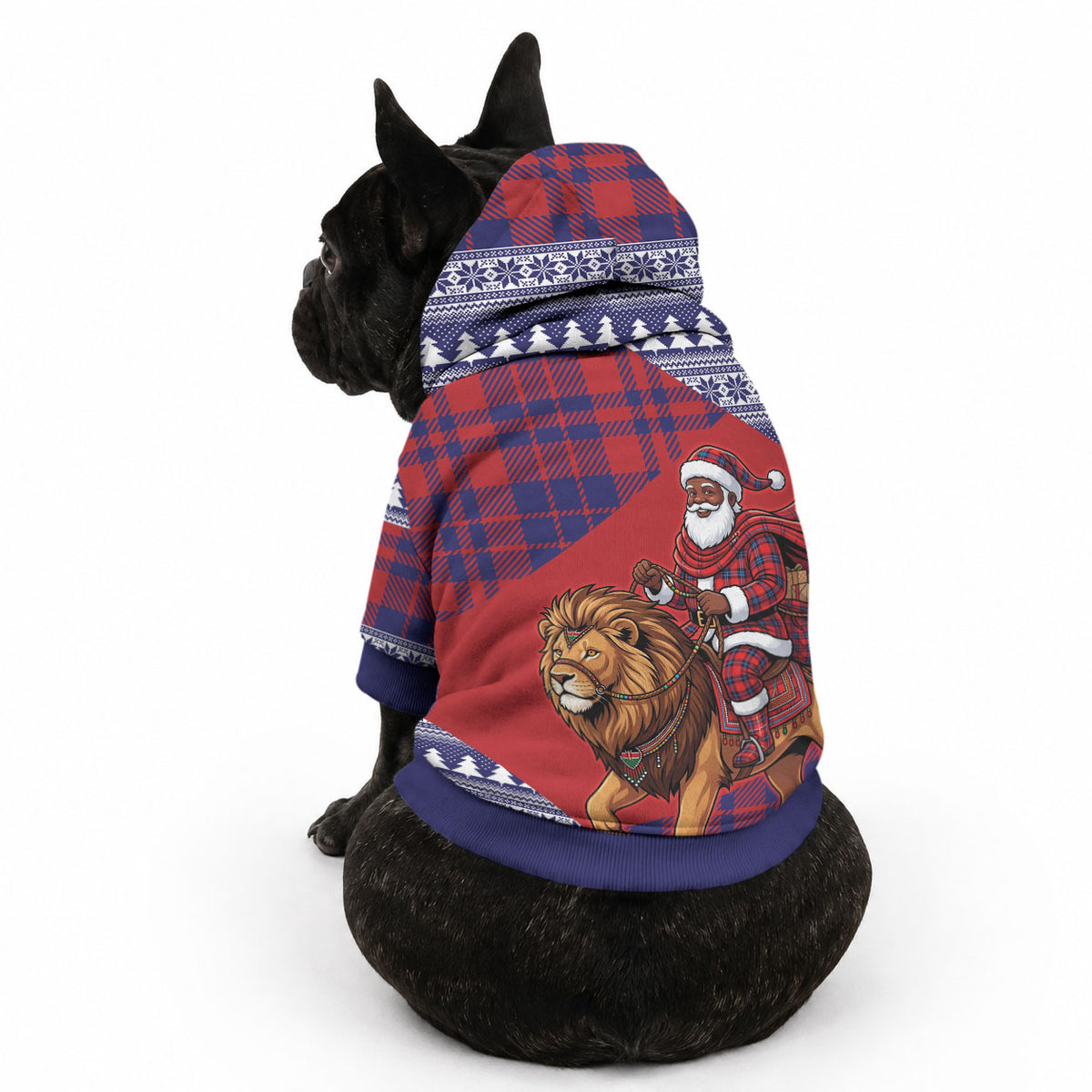 Kenya Christmas Santa Lion Pet Hoodie Maasai Shuka Inspired Red Check