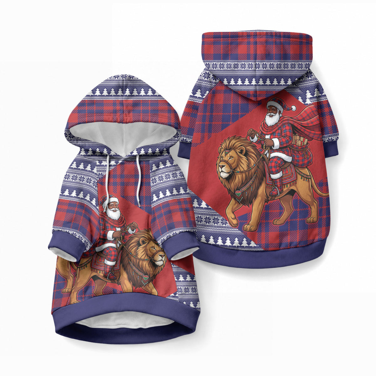 Kenya Christmas Santa Lion Pet Hoodie Maasai Shuka Inspired Red Check