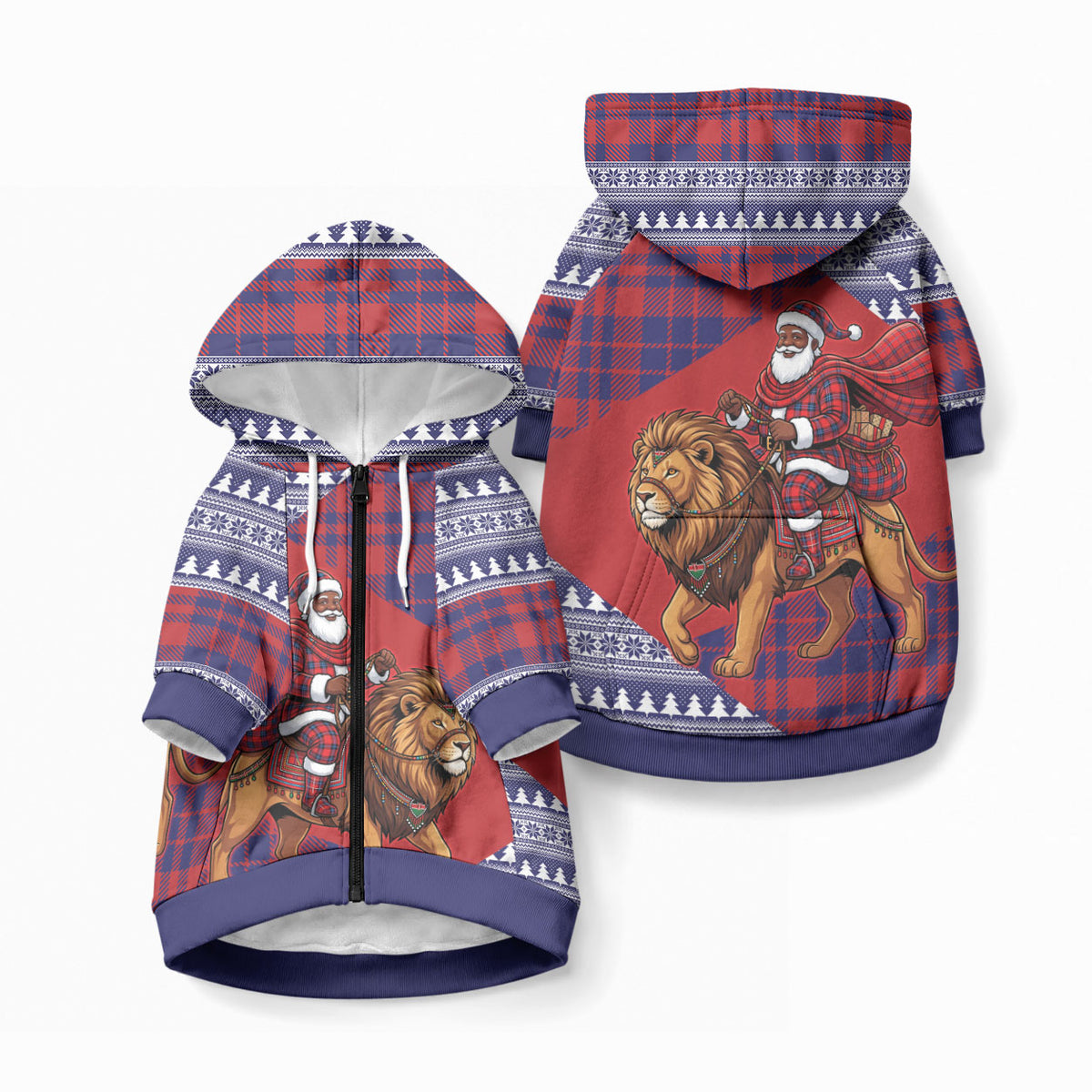 Kenya Christmas Santa Lion Pet Hoodie Maasai Shuka Inspired Red Check