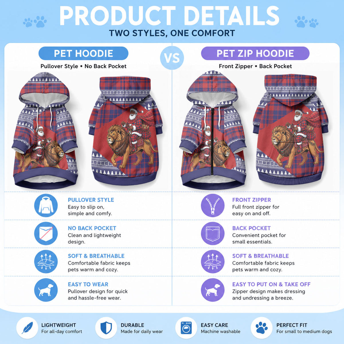 Kenya Christmas Santa Lion Pet Hoodie Maasai Shuka Inspired Red Check