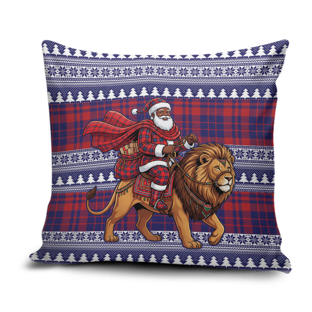 Kenya Christmas Santa Lion Pillow Cover Maasai Shuka Inspired Red Check
