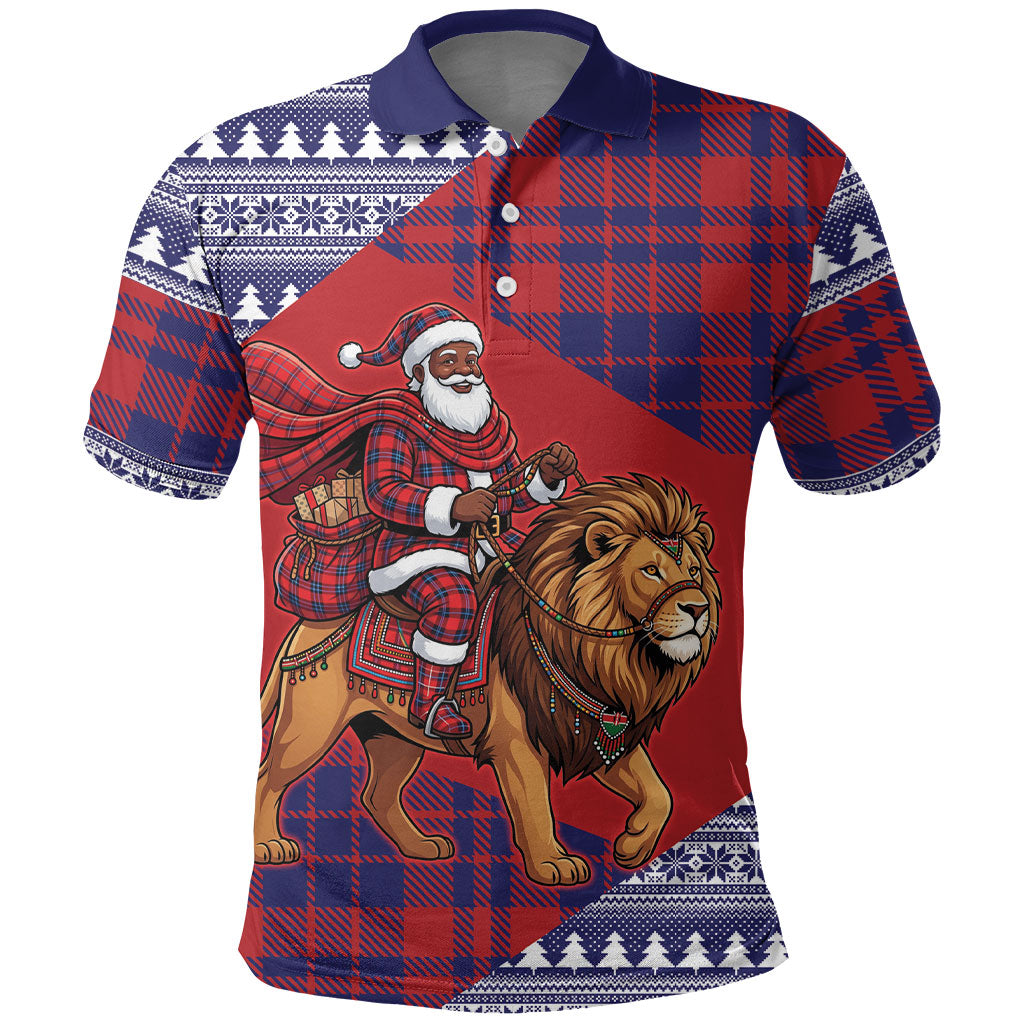 Kenya Christmas Santa Lion Polo Shirt Maasai Shuka Inspired Red Check