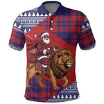 Kenya Christmas Santa Lion Polo Shirt Maasai Shuka Inspired Red Check