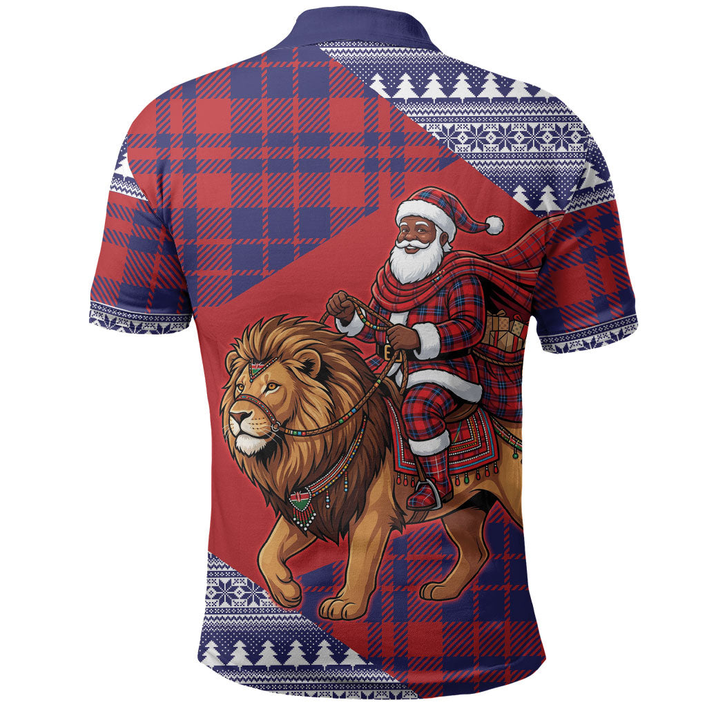 Kenya Christmas Santa Lion Polo Shirt Maasai Shuka Inspired Red Check
