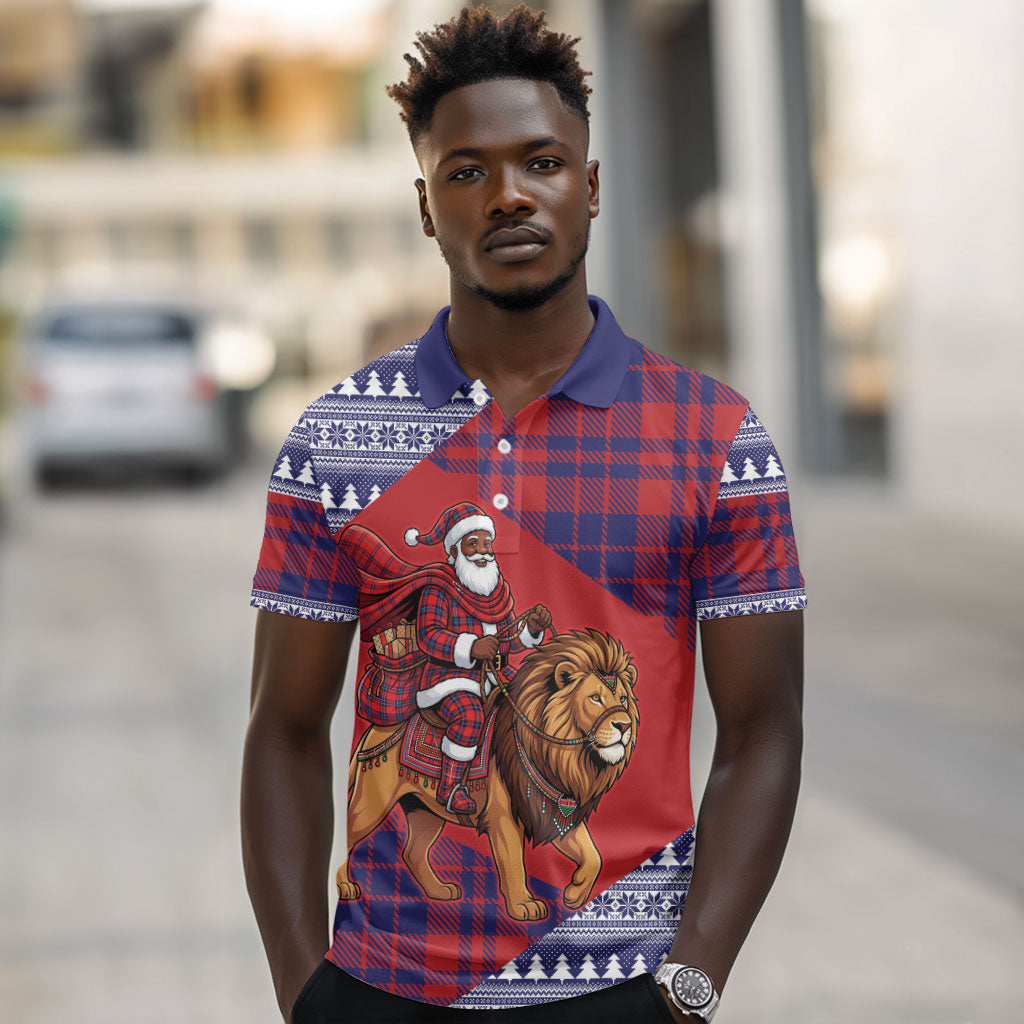 Kenya Christmas Santa Lion Polo Shirt Maasai Shuka Inspired Red Check