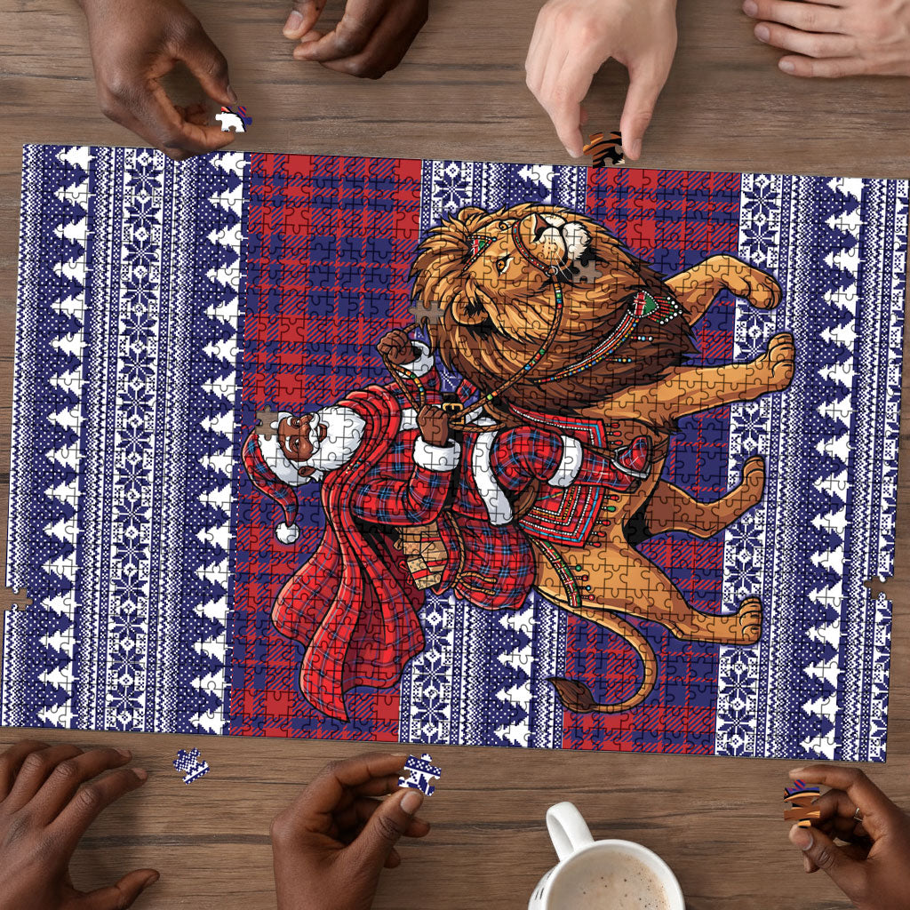 Kenya Christmas Santa Lion Puzzle Maasai Shuka Inspired Red Check