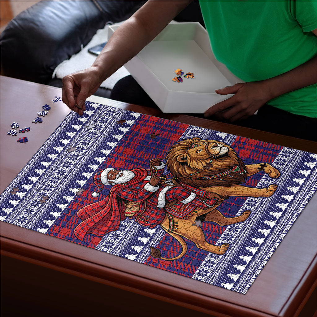 Kenya Christmas Santa Lion Puzzle Maasai Shuka Inspired Red Check