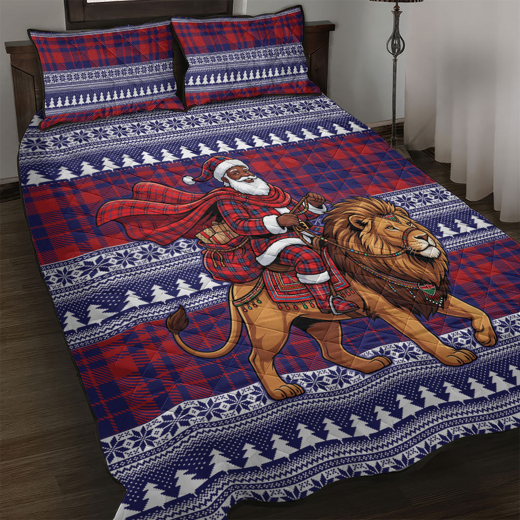 Kenya Christmas Santa Lion Quilt Bed Set Maasai Shuka Inspired Red Check