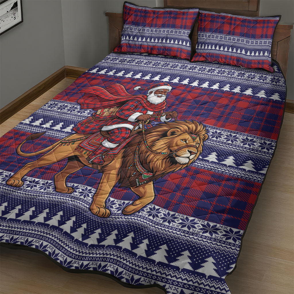 Kenya Christmas Santa Lion Quilt Bed Set Maasai Shuka Inspired Red Check
