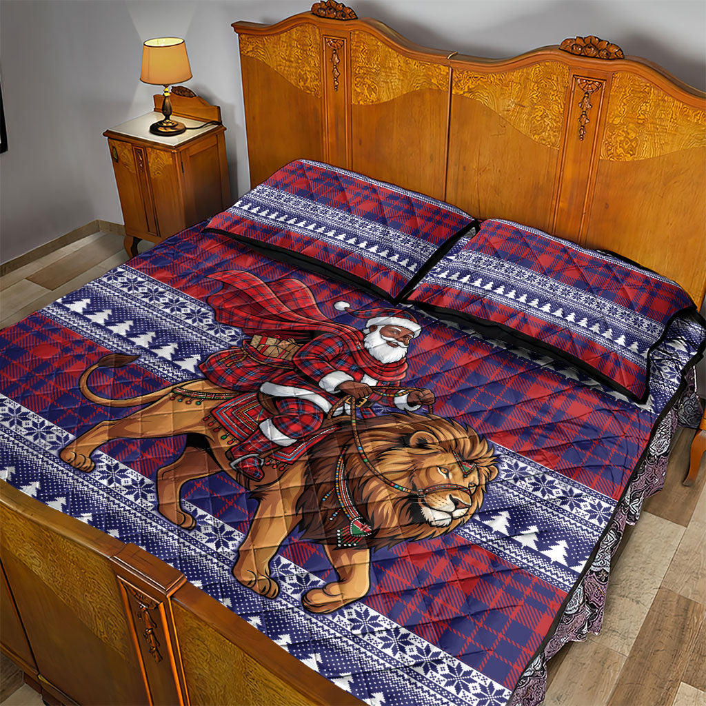 Kenya Christmas Santa Lion Quilt Bed Set Maasai Shuka Inspired Red Check