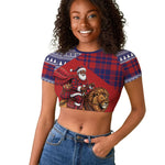 Kenya Christmas Santa Lion Raglan Cropped T shirt Maasai Shuka Inspired Red Check