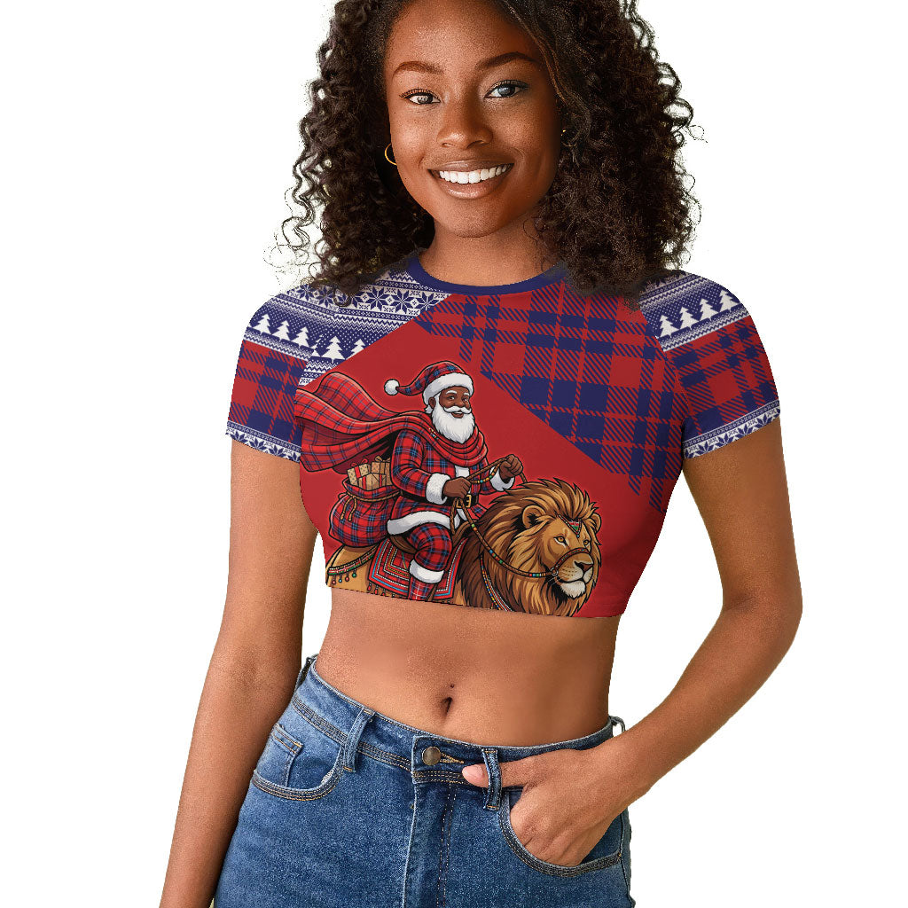 Kenya Christmas Santa Lion Raglan Cropped T shirt Maasai Shuka Inspired Red Check