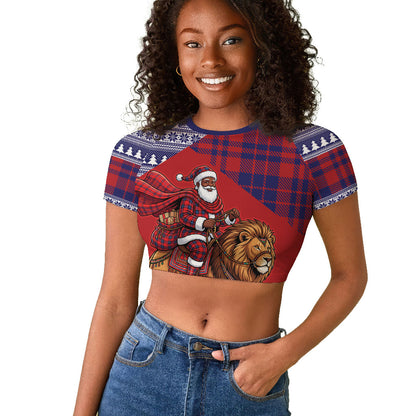 Kenya Christmas Santa Lion Raglan Cropped T shirt Maasai Shuka Inspired Red Check