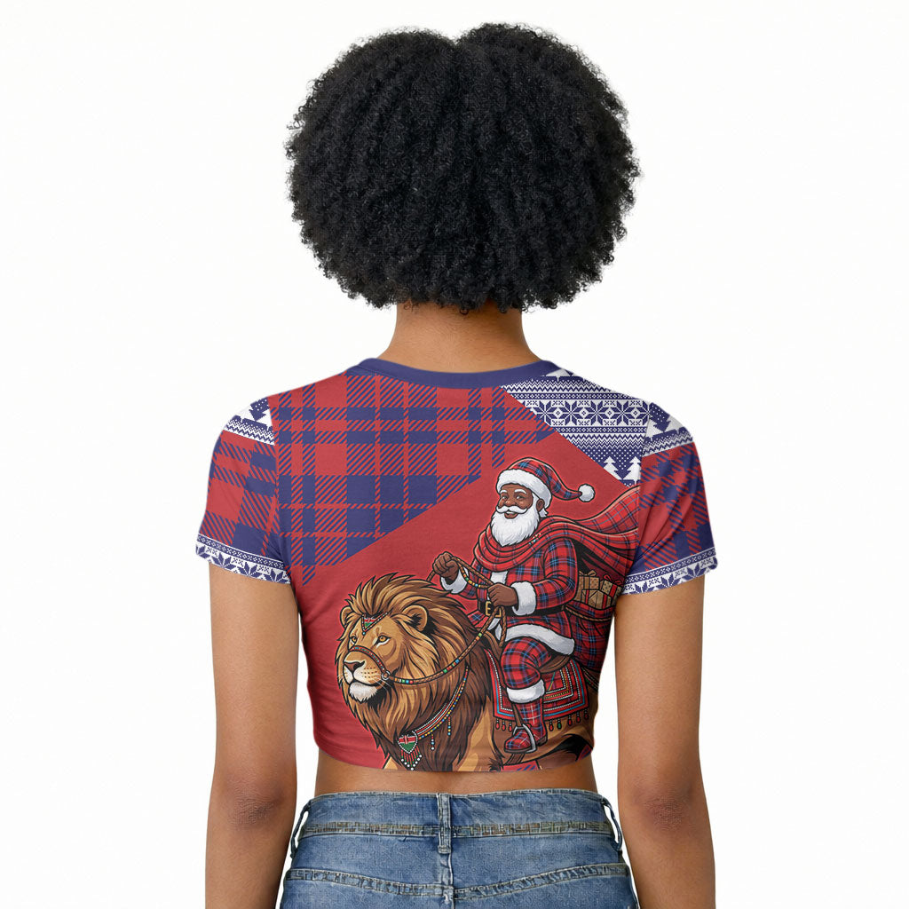 Kenya Christmas Santa Lion Raglan Cropped T shirt Maasai Shuka Inspired Red Check