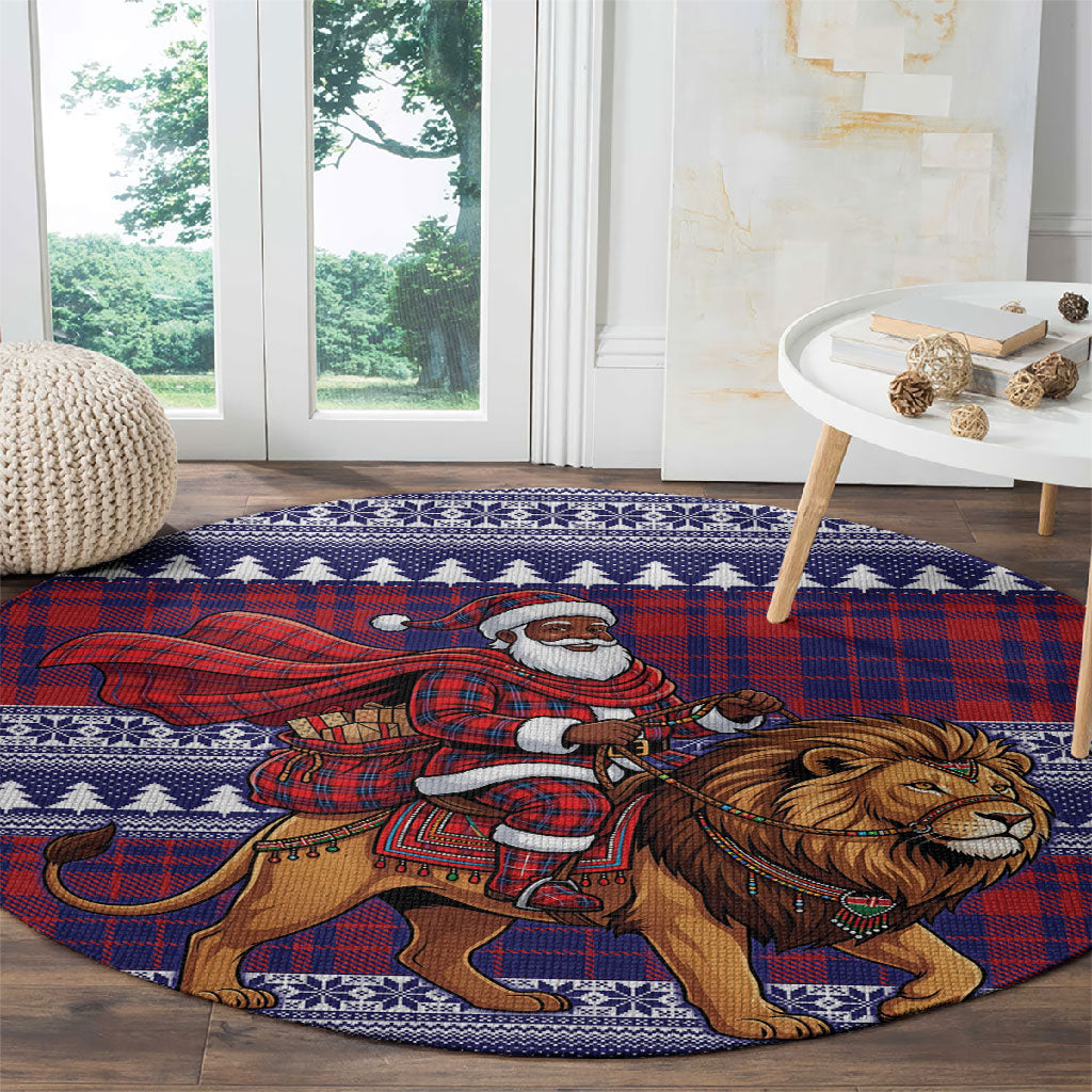 Kenya Christmas Santa Lion Round Carpet Maasai Shuka Inspired Red Check
