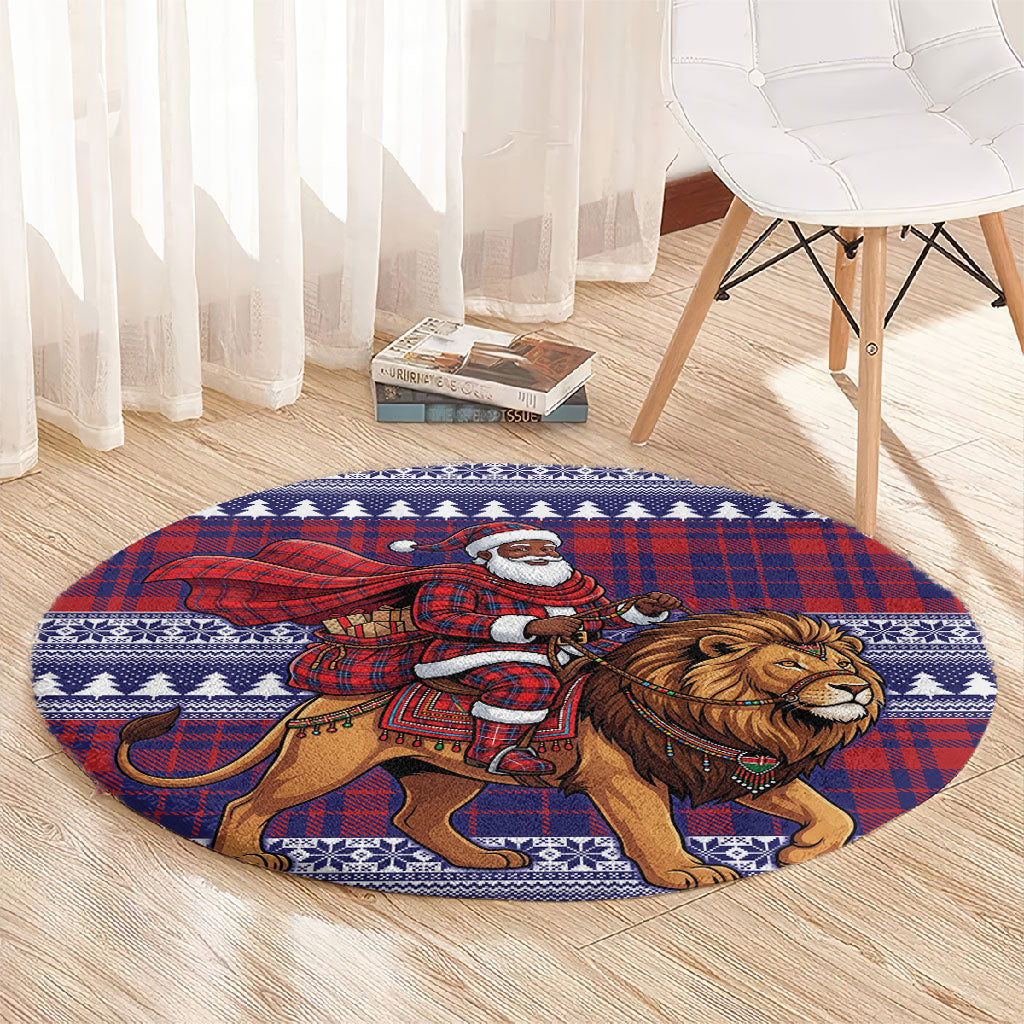 Kenya Christmas Santa Lion Round Carpet Maasai Shuka Inspired Red Check