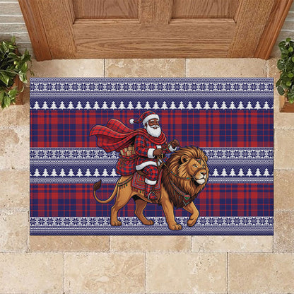Kenya Christmas Santa Lion Rubber Doormat Maasai Shuka Inspired Red Check