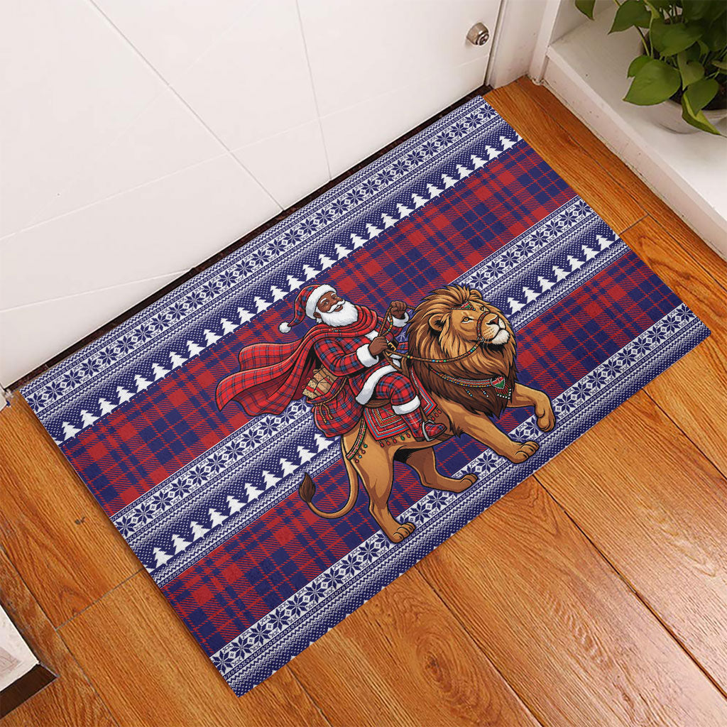 Kenya Christmas Santa Lion Rubber Doormat Maasai Shuka Inspired Red Check