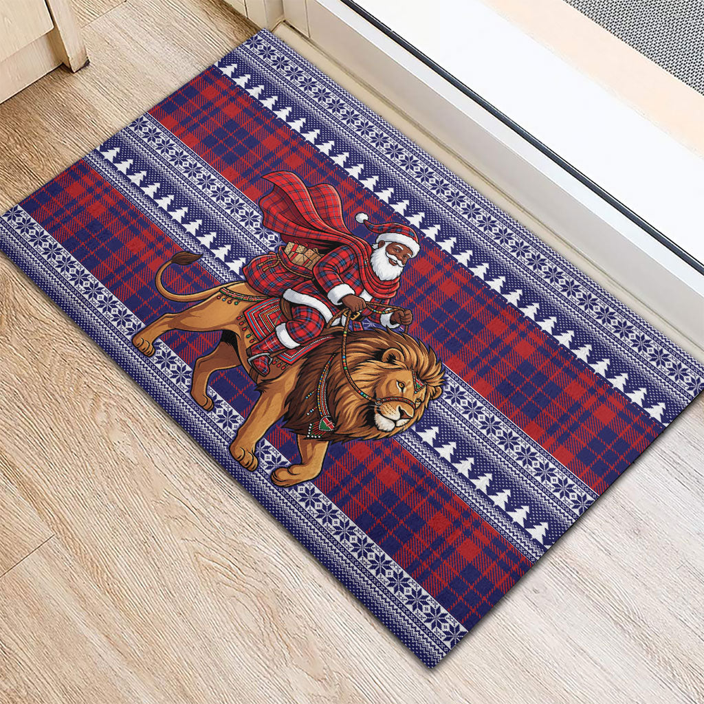 Kenya Christmas Santa Lion Rubber Doormat Maasai Shuka Inspired Red Check
