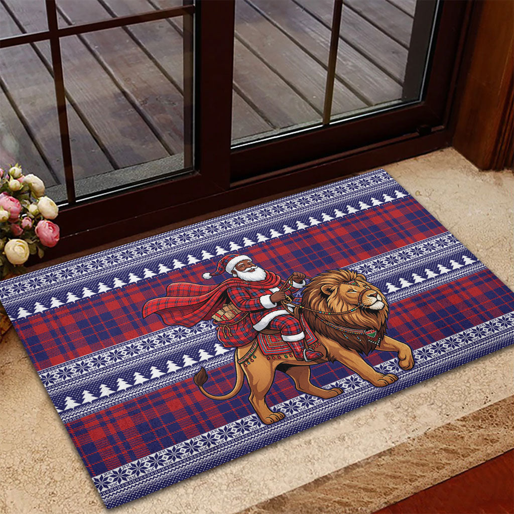 Kenya Christmas Santa Lion Rubber Doormat Maasai Shuka Inspired Red Check