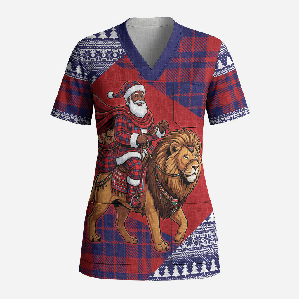 Kenya Christmas Santa Lion Scrub Top Maasai Shuka Inspired Red Check