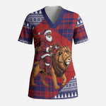 Kenya Christmas Santa Lion Scrub Top Maasai Shuka Inspired Red Check