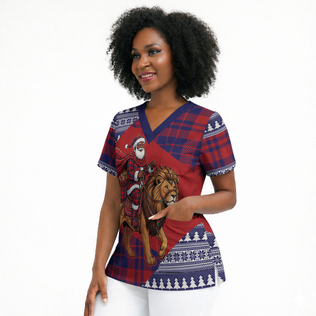 Kenya Christmas Santa Lion Scrub Top Maasai Shuka Inspired Red Check