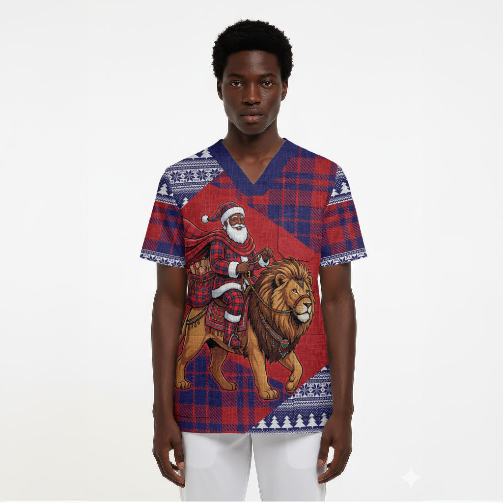 Kenya Christmas Santa Lion Scrub Top Maasai Shuka Inspired Red Check