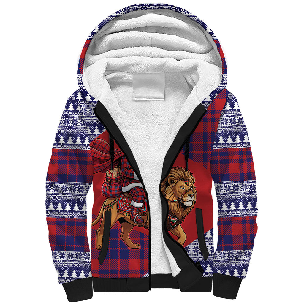 Kenya Christmas Santa Lion Sherpa Hoodie Maasai Shuka Inspired Red Check